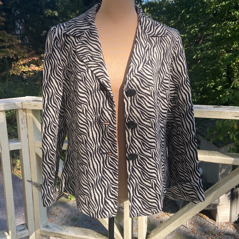 Diva by Dana Bachman Wool Blend Blazer Ivory Black Zebra Print Size 6
